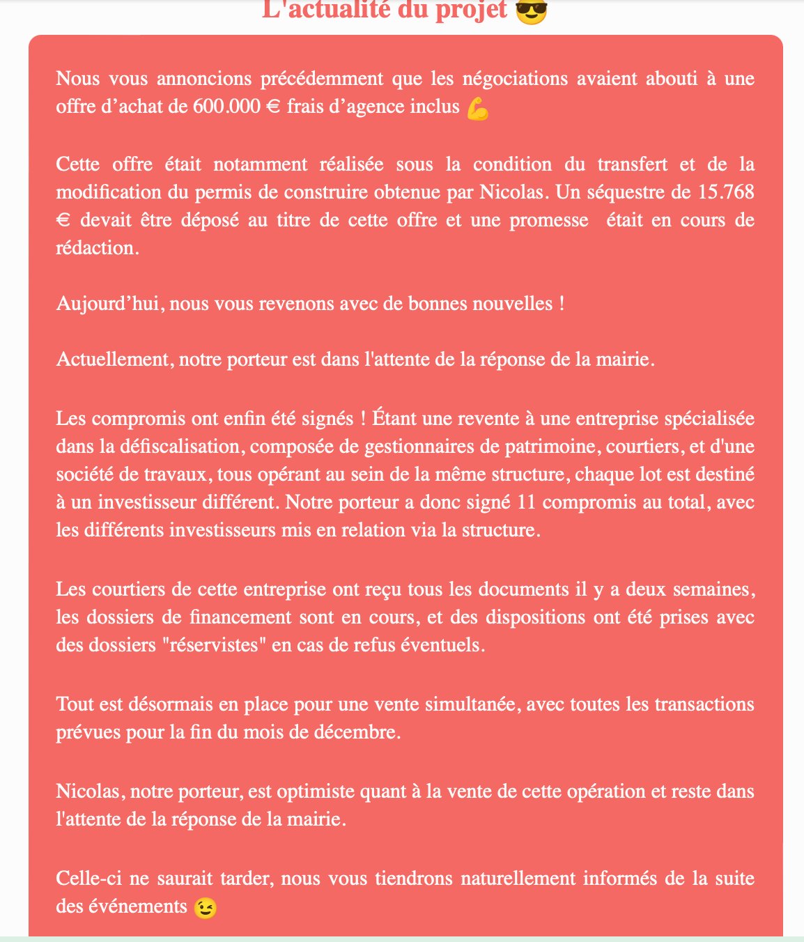 Actualité du projet crowdfunding La Première Brique L'Ange