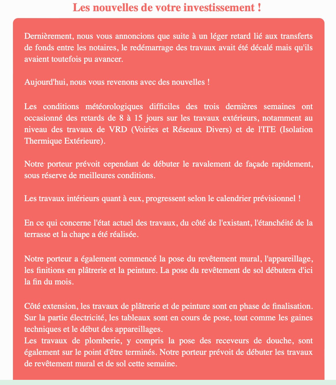 Actualité du projet crowdfunding La Première Brique L'Aviateur