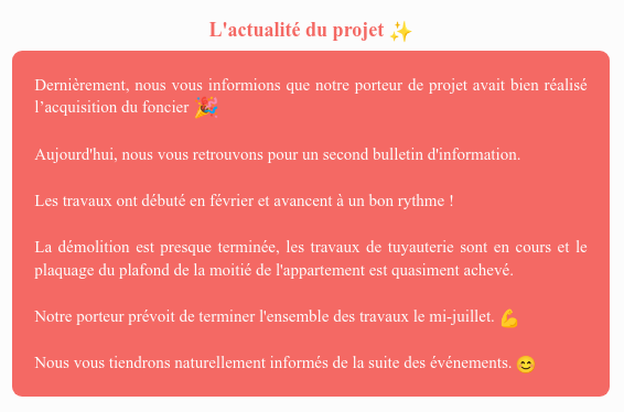 Actualité du projet crowdfunding La Première Brique - L'Ovin