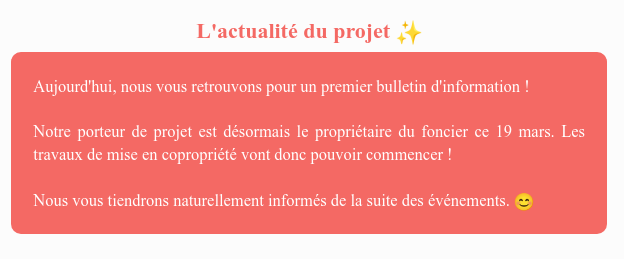 Actualité du projet crowdfunding La Première Brique - La Fève
