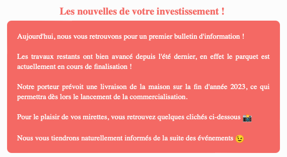 Actualité du projet crowdfunding La Première Brique Le Basil