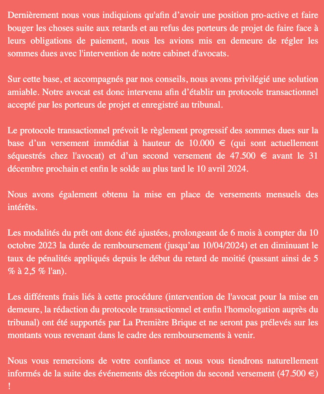 Actualité du projet crowdfunding La Première Brique Le Bigot