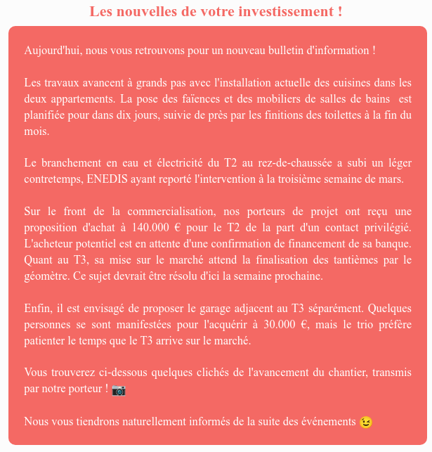 Actualité du projet crowdfunding La Première Brique - Le Chateau d'Olonne