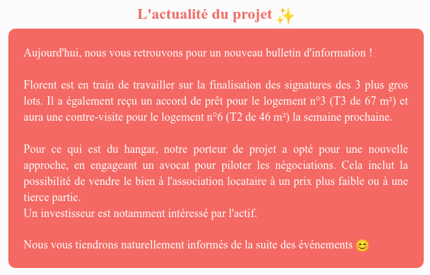 Actualité du projet crowdfunding La Première Brique - Le Clain