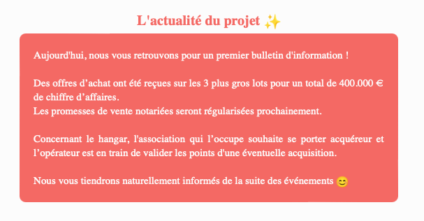 Actualité du projet crowdfunding La Première Brique Le Clain