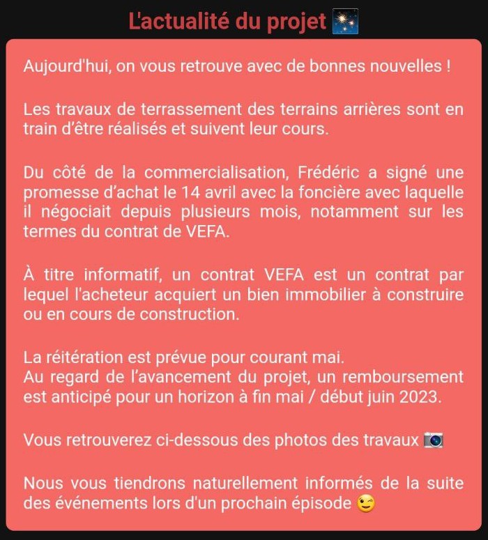 Actualité du projet crowdfunding La Première Brique Le Lyon