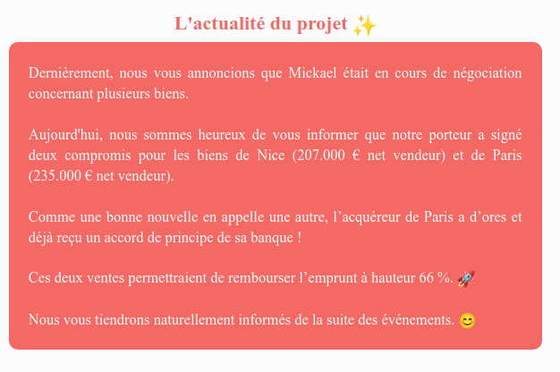 Actualité du projet crowdfunding La Première Brique - Le Magenta