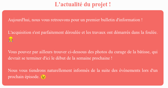 Actualité du projet crowdfunding La Première Brique - Le Petit Prince