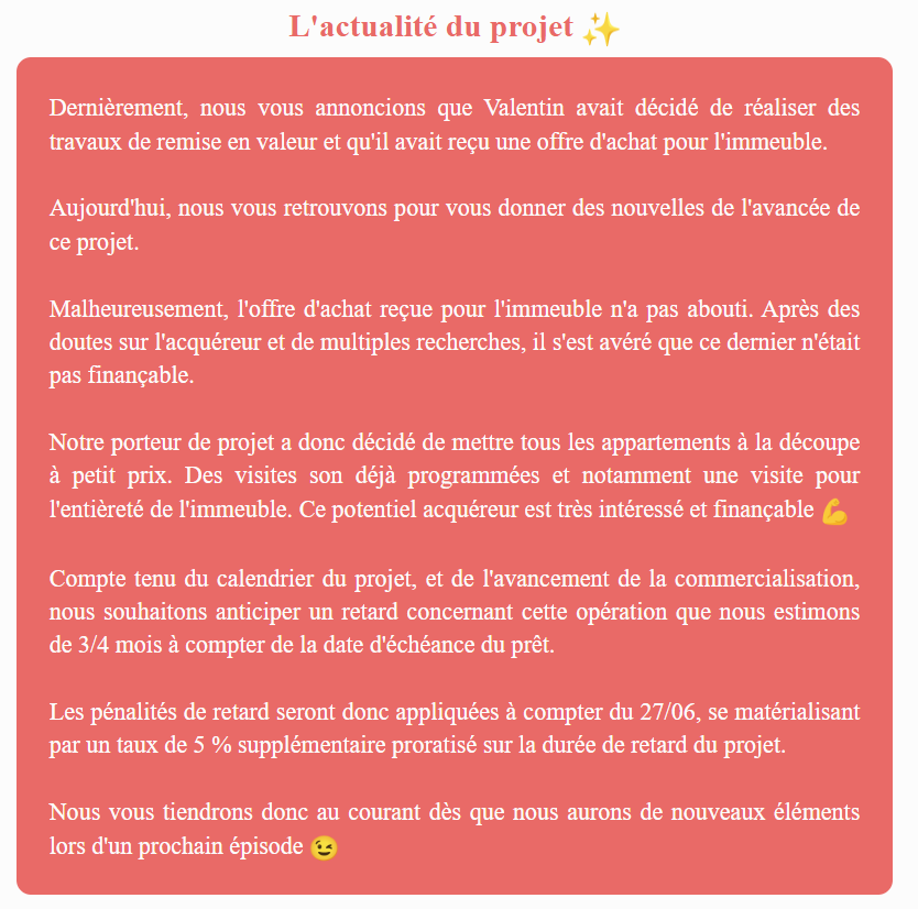 Actualité du projet crowdfunding La Première Brique Le Ryad