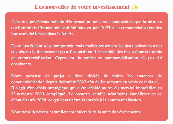Actualité du projet crowdfunding La Première Brique - Le Santa Maria