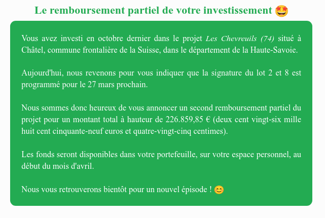 Actualité du projet crowdfunding La Première Brique - Les Chevreuils