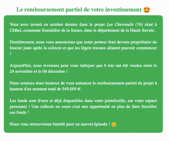 Actualité du projet crowdfunding La Première Brique Les Chevreuils