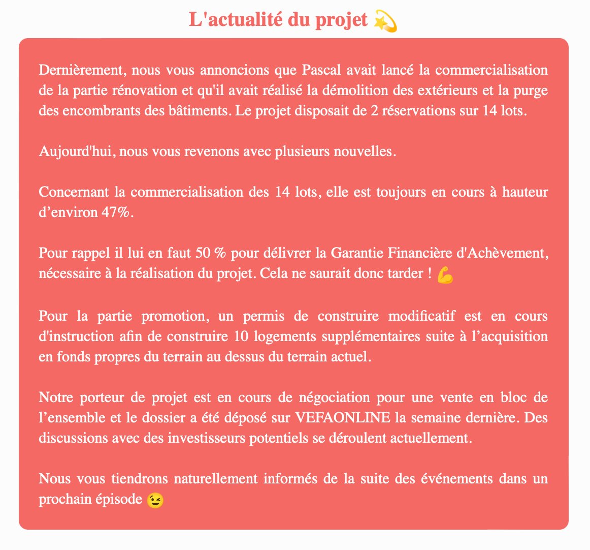 Actualité du projet crowdfunding La Première Brique Les Corderies