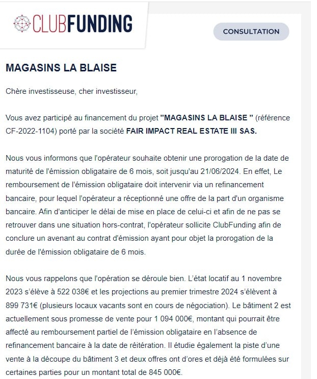 Info crowdfunding - Avenant de prorogation sur le projet Clubfunding - Les magasins La Blaise
