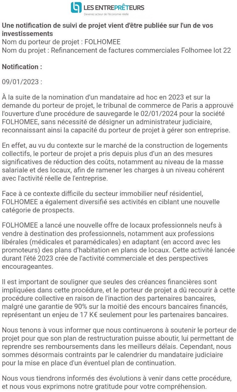 Info crowdfunding - Procédure de sauvegarde enclenchée pour l'opérateur FOLHOMEE