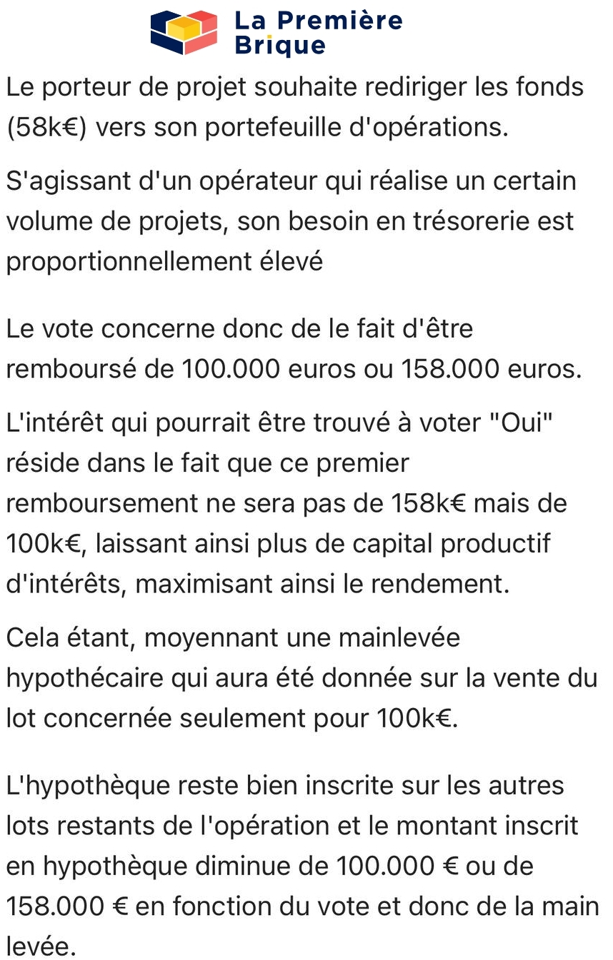 Info crowdfunding - Réponse de La Première Brique sur le vote du projet Le Chastel