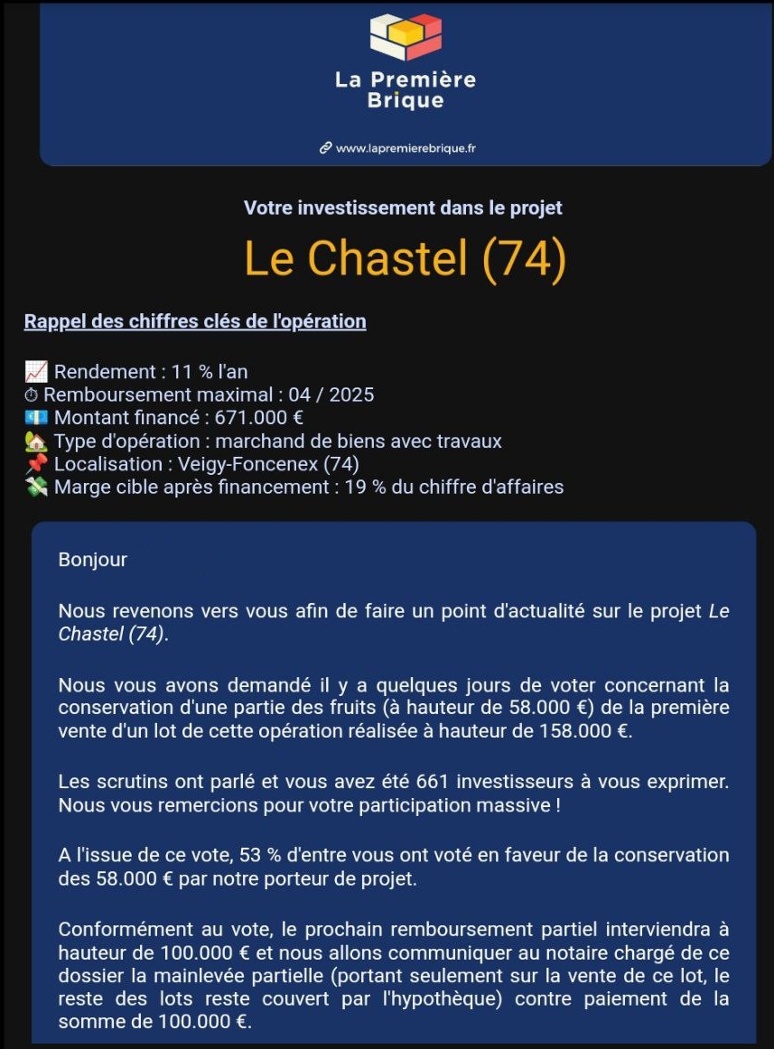 Info crowdfunding - Résultat vote sur le projet Le Chastel - La Première Brique

