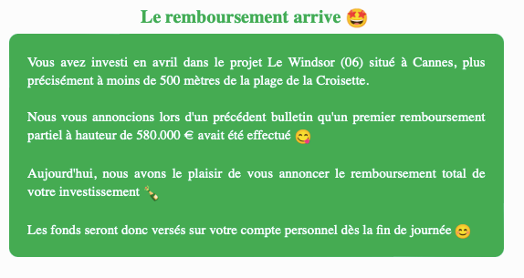 Le projet de crowdfunding La Première Brique Le Windsor est entièrement remboursé
