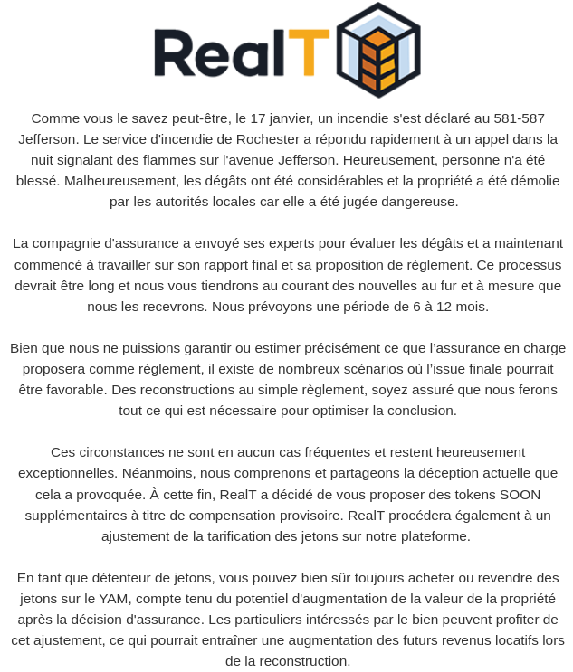 RealT 🇺🇸 - News sur la propriété Jefferson qui a pris feu le 17/01