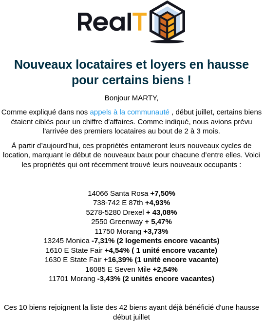 RealT - MAJ rendements 📈 et l'arrivée de nouveaux locataires 12/10/23