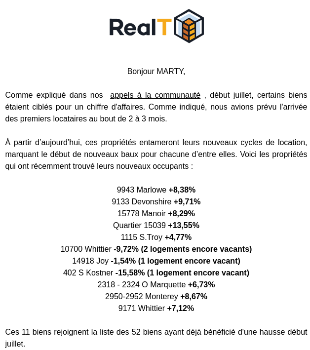 RealT - MAJ rendements 📈 et l'arrivée de nouveaux locataires 28/10/23