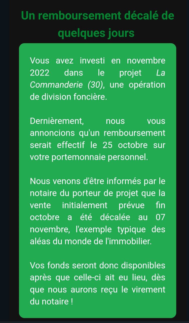 Remboursement projet de crowdfunding La Première Brique La Commanderie décalé