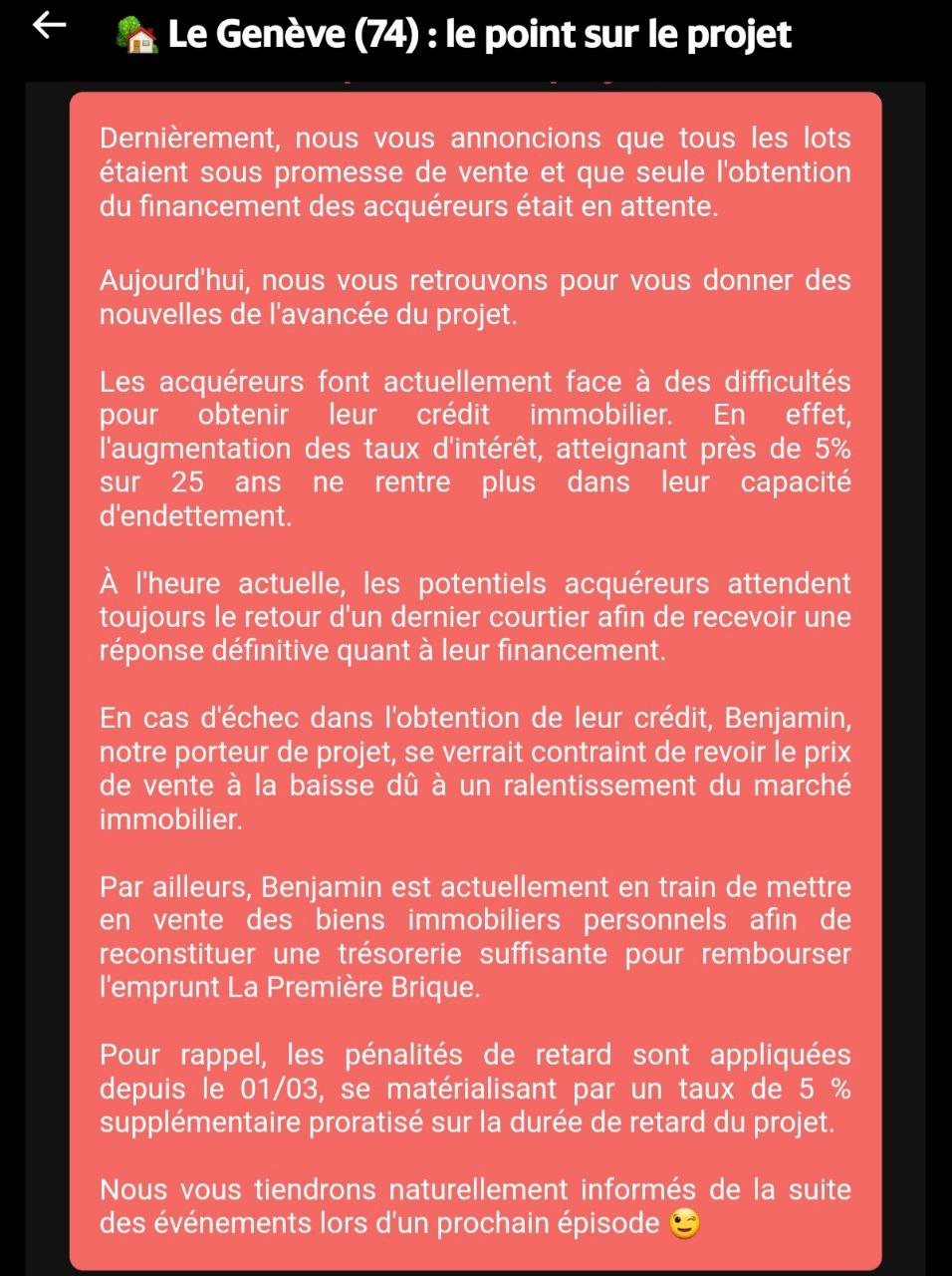 Retard crowdfunding sur le projet La Première Brique Le Genève