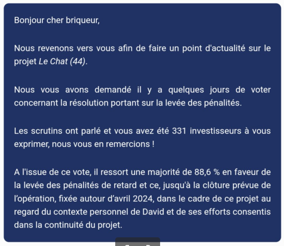 Update pénalités crowdfunding : La Première Brique sur le projet "Le Chat"