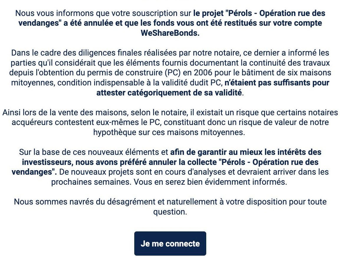 WeShareBonds, collecte annulée du projet de crowdfunding Pérols - Opération rue des vendanges