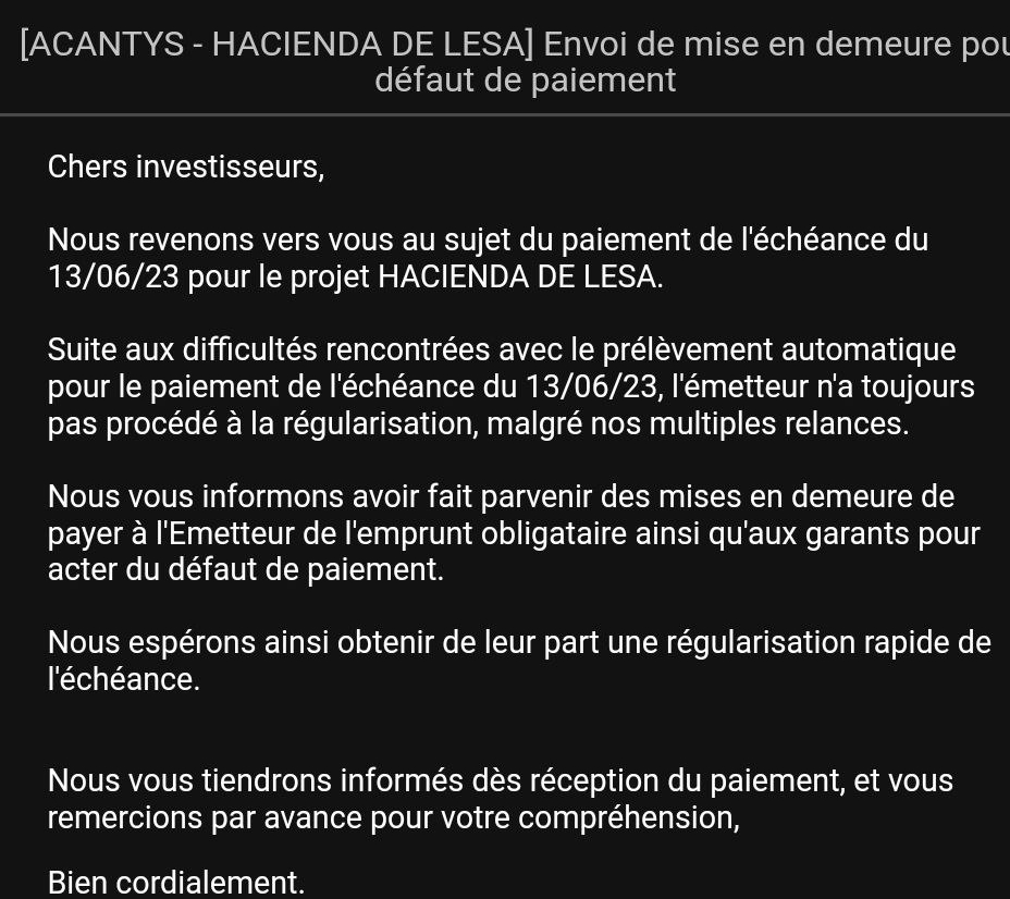 WiSEED, retard et mise en demeure de payer sur le projet crowdfunding Hacienda de Lesa