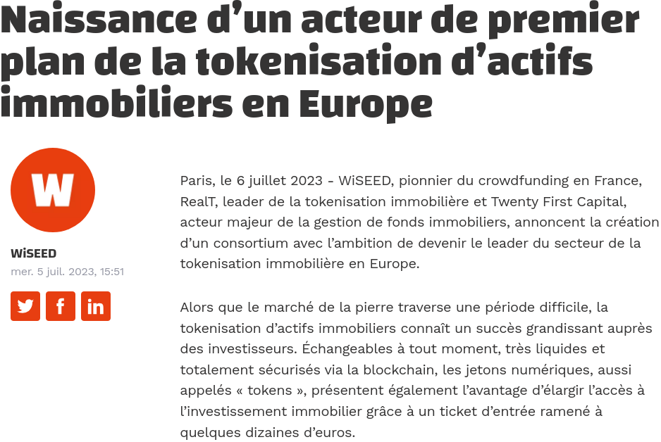 WiSEED x RealT : Naissance d'un acteur de premier plan de la tokenisation d'actifs immobiliers en Europe